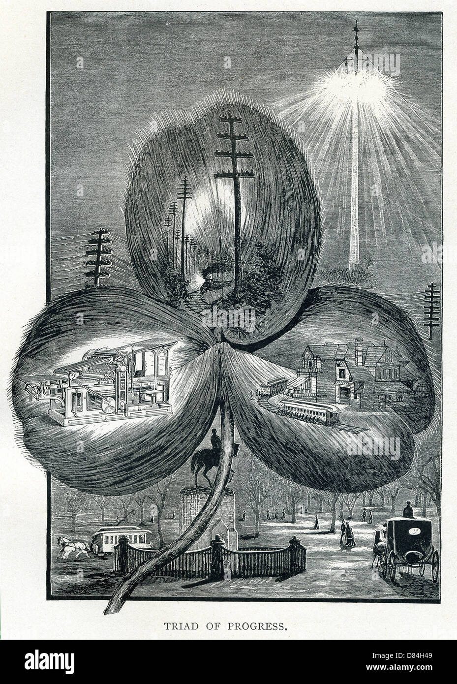 Este 1891 "La tríada de progreso' muestra los avances realizados durante lo que se conoce como la Revolución Industrial. Foto de stock