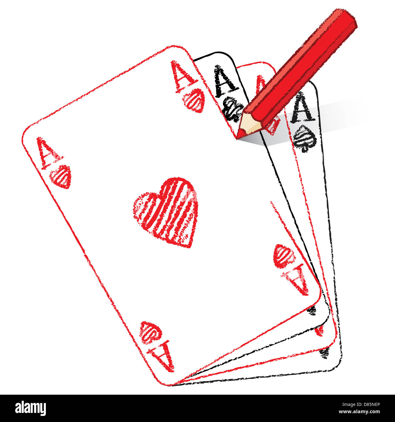 Dibujo a Lápiz rojo diversos as de corazones jugar a las cartas en el  ventilador de ases Fotografía de stock - Alamy