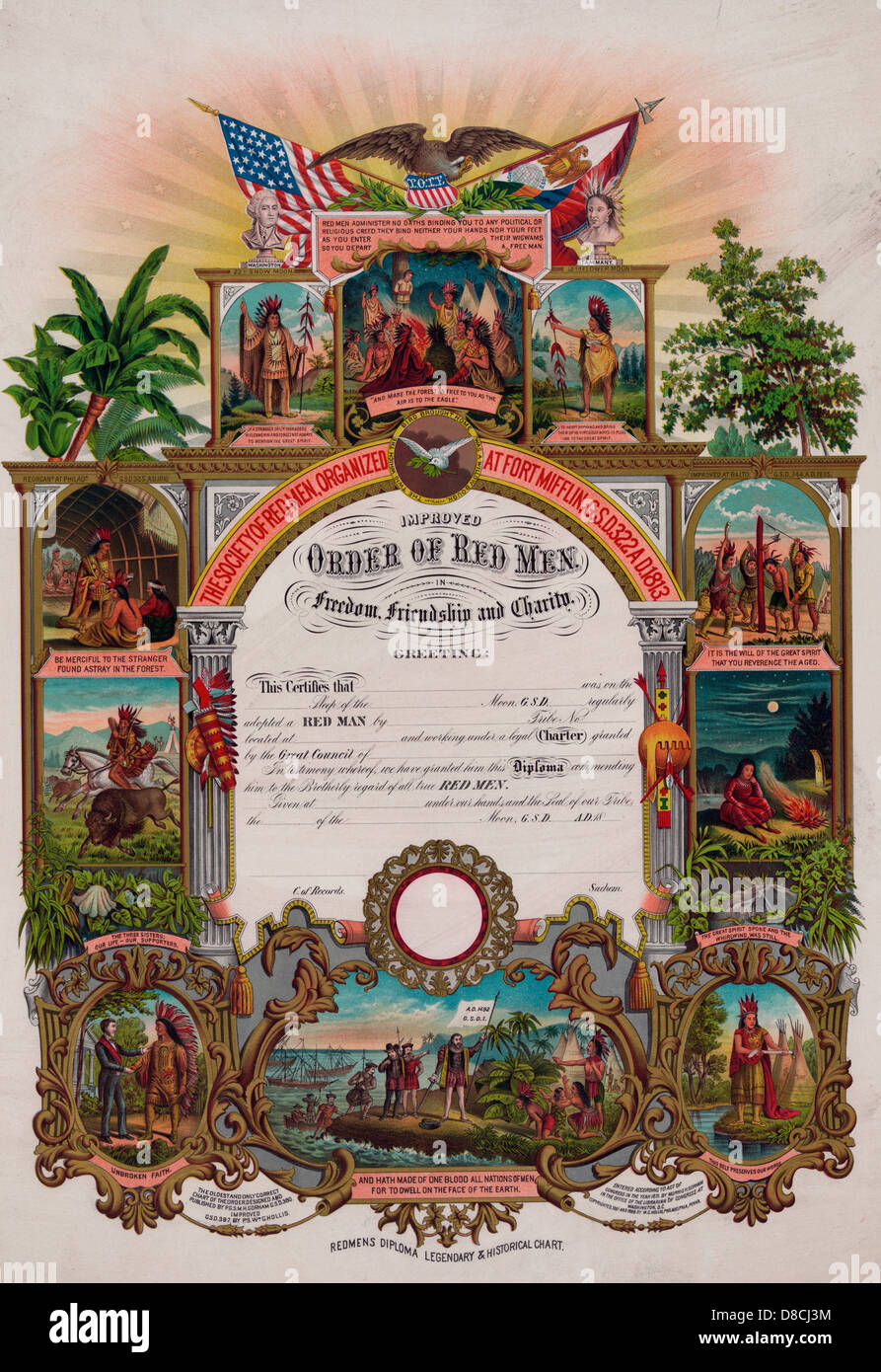 Orden de los hombres de color rojo - un certificado o diploma de 'Redmens gráfico histórico y legendario' para la sociedad de los hombres de color rojo, rodeado por las viñetas de las escenas de la vida y cultura nativa, circa 1889 Foto de stock