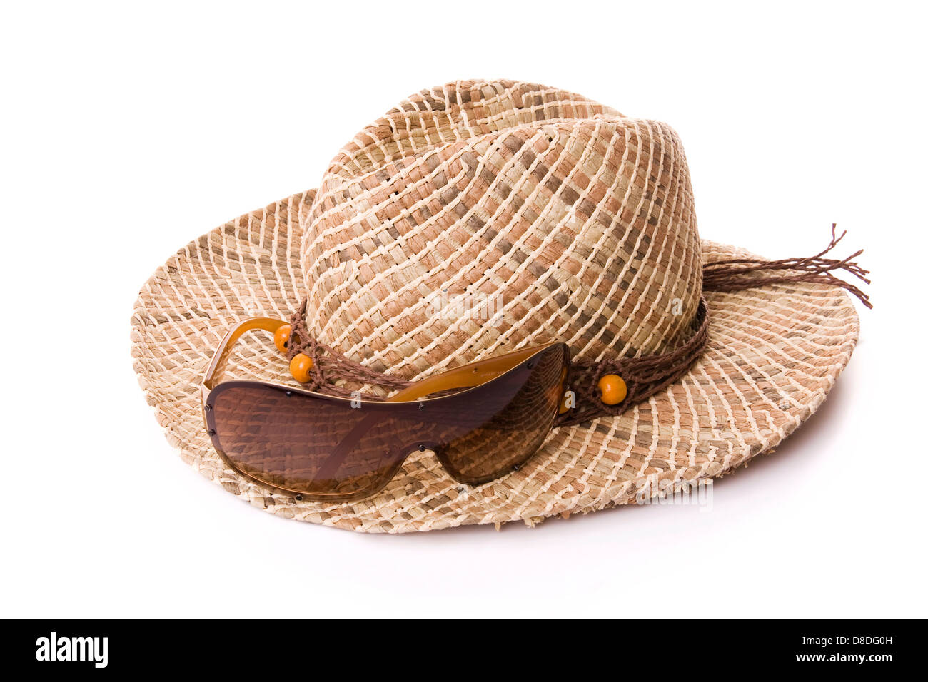 La mujer sombrero y gafas de sol aislado en blanco Foto de stock