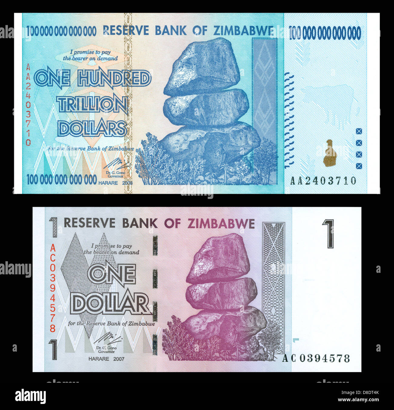 Inflación: Cien trillones de dólares de Zimbabwe nota bancaria junto a 1 dólar nota de igual valor. Foto de stock
