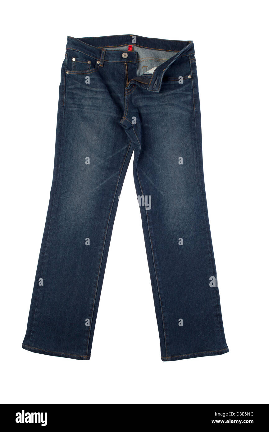 Dark blue jeans aislado sobre fondo blanco. Foto de stock