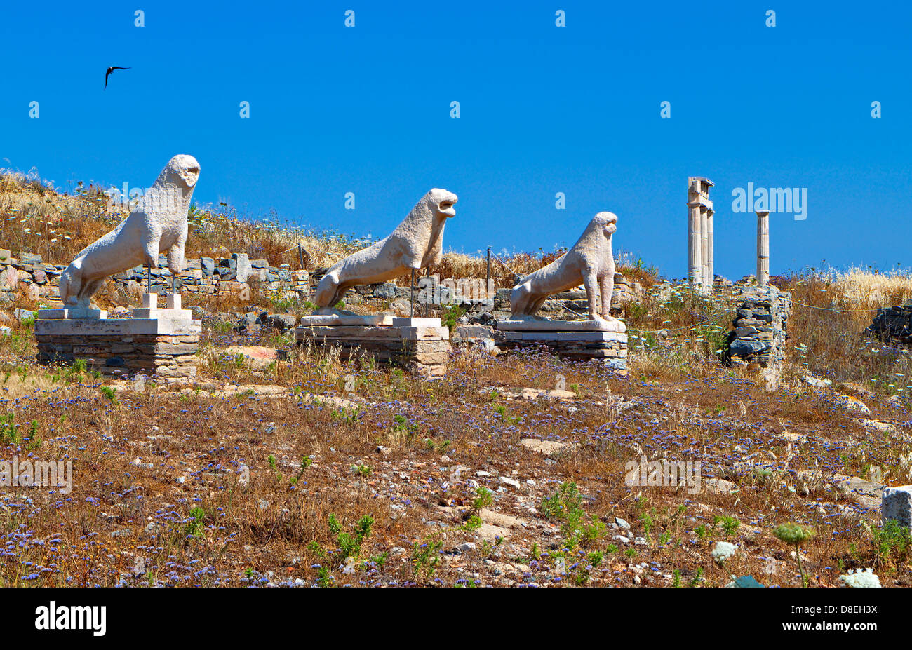 La antigua terraza de los leones en la Isla Delos en Grecia Foto de stock