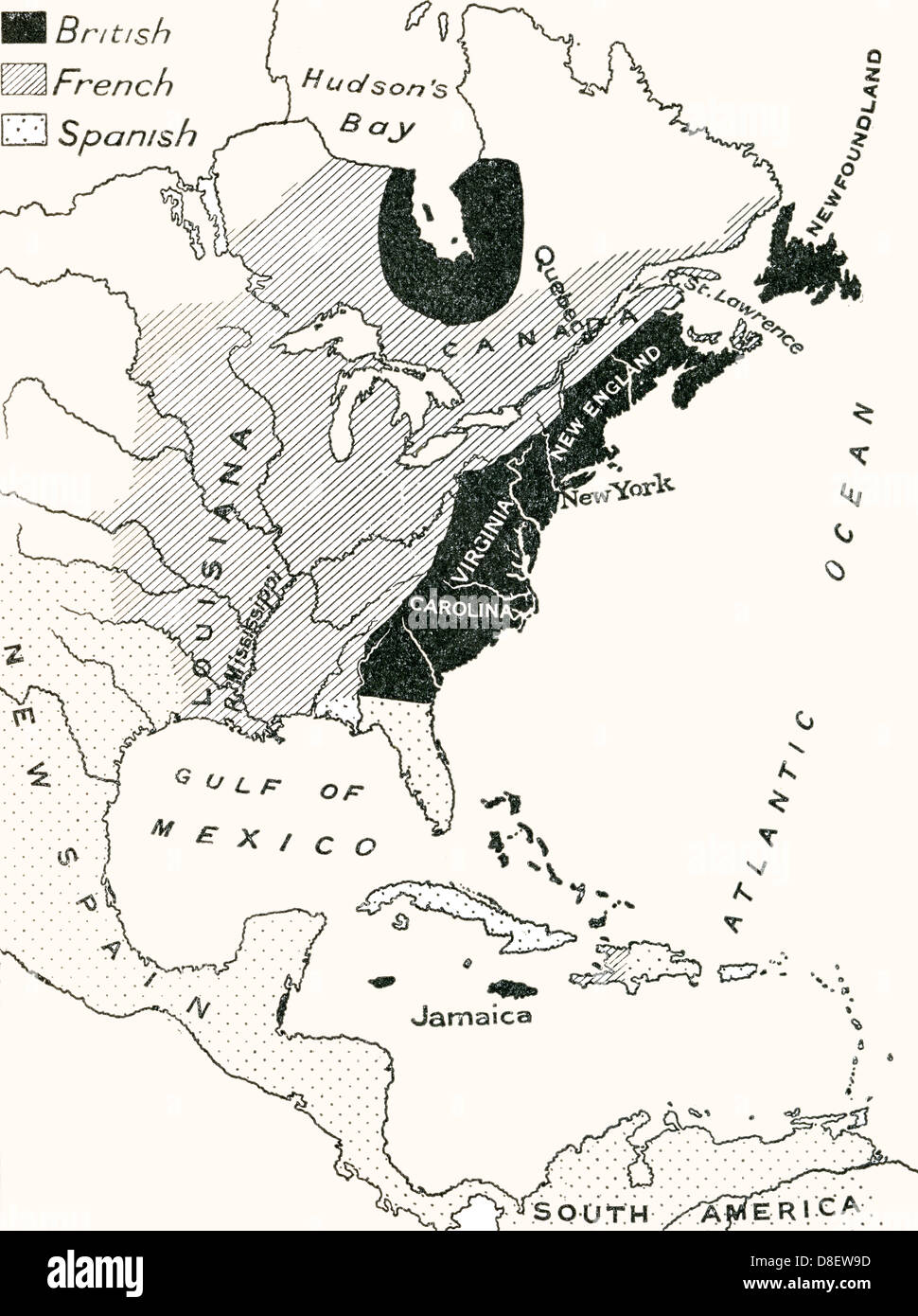Mapa de América del Norte antes de la guerra de los siete años que tuvo lugar entre 1754 y 1763. Foto de stock