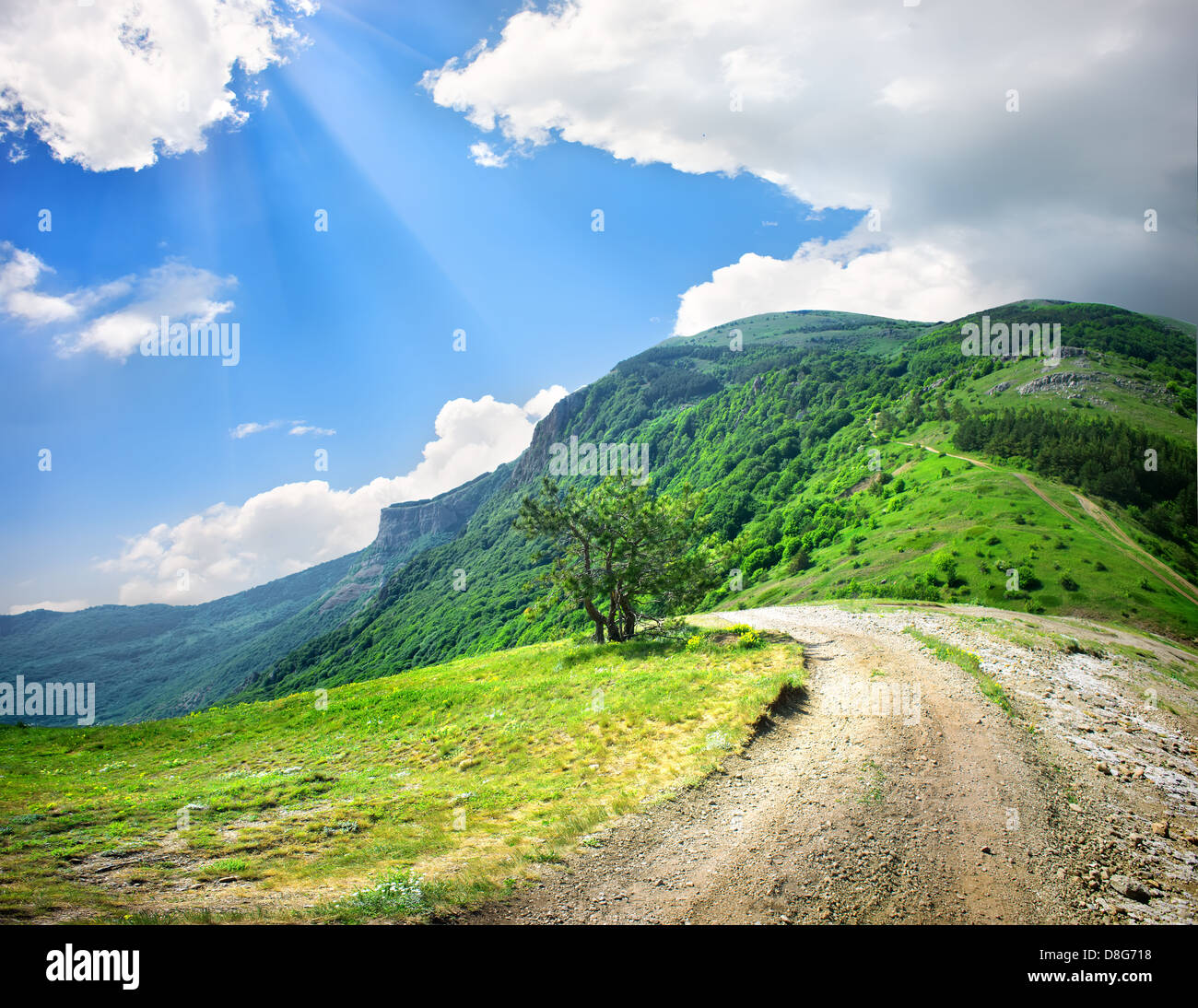Country Road en las montañas por la tarde Foto de stock