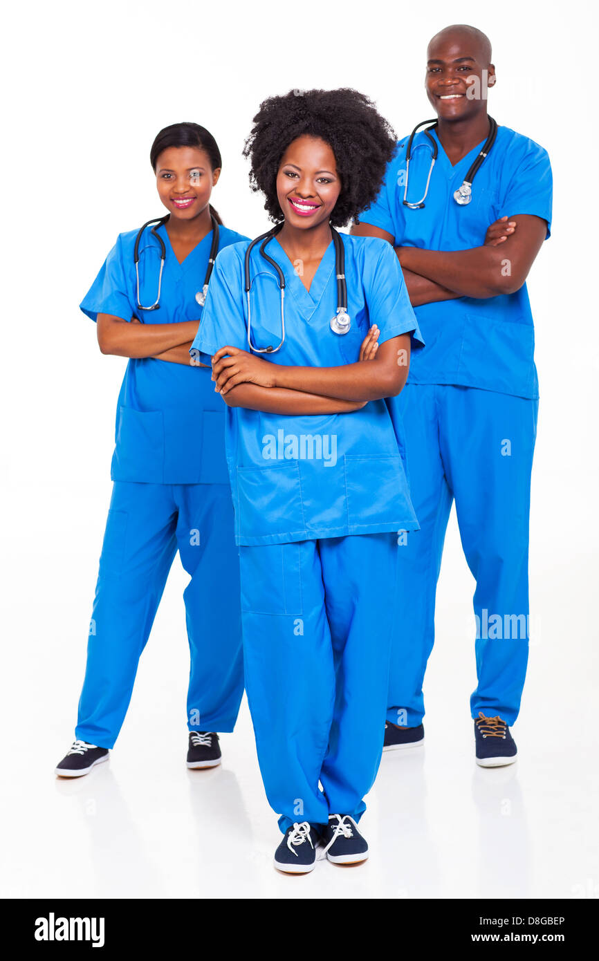 Grupo de Trabajadores del hospital africano retrato en blanco Foto de stock