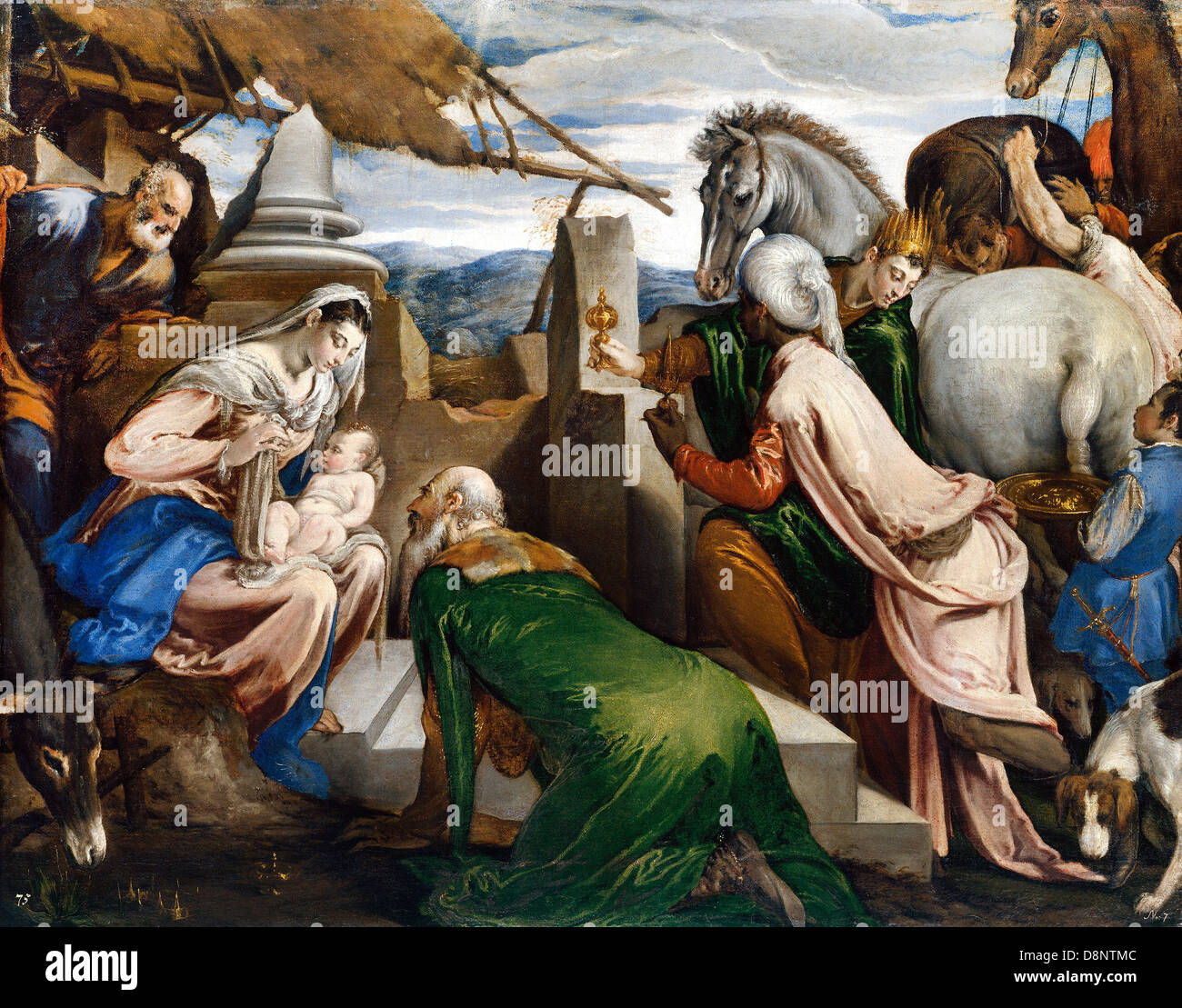 Jacopo Bassano, la adoración de los Reyes Magos 1563 - 1564 Óleo sobre lienzo. Kunsthistorisches Museum, Viena, Austria. Foto de stock