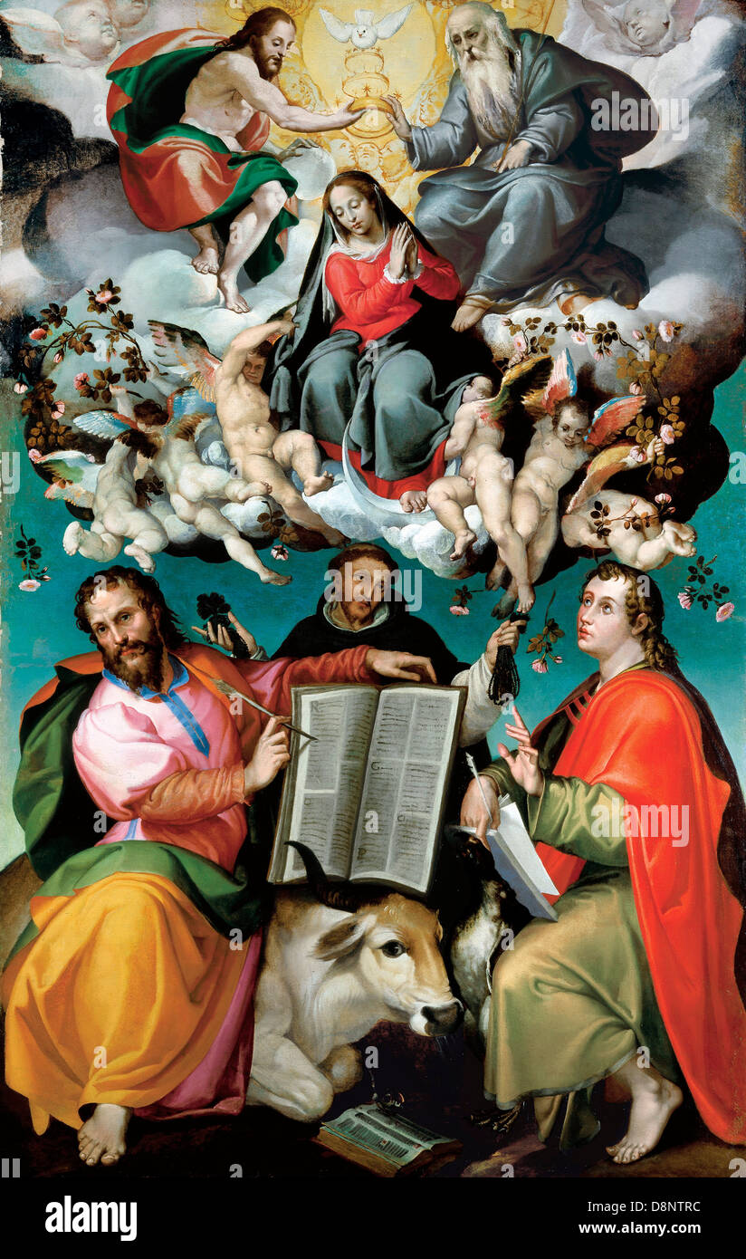 Bartolomeo Passarotti, la Coronación de la Virgen con Santos Lucas, Dominic, y Juan el Evangelista. Circa 1580. Foto de stock