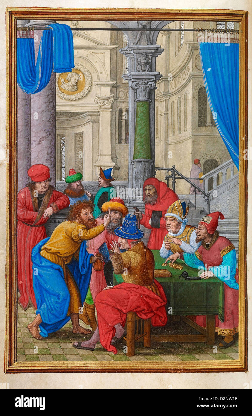 Simon Bening, Judas recibe las treinta piezas de plata 1525-1530 Óleo sobre lienzo. Témperas de colores, pintura de oro, y hoja de oro Foto de stock