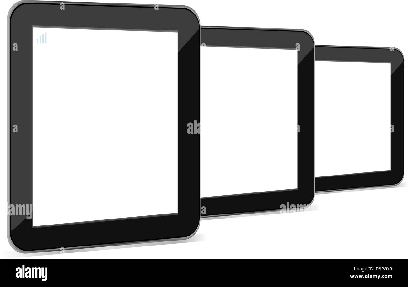 Tablet PC con pantalla blanco vacío y marco negro Foto de stock
