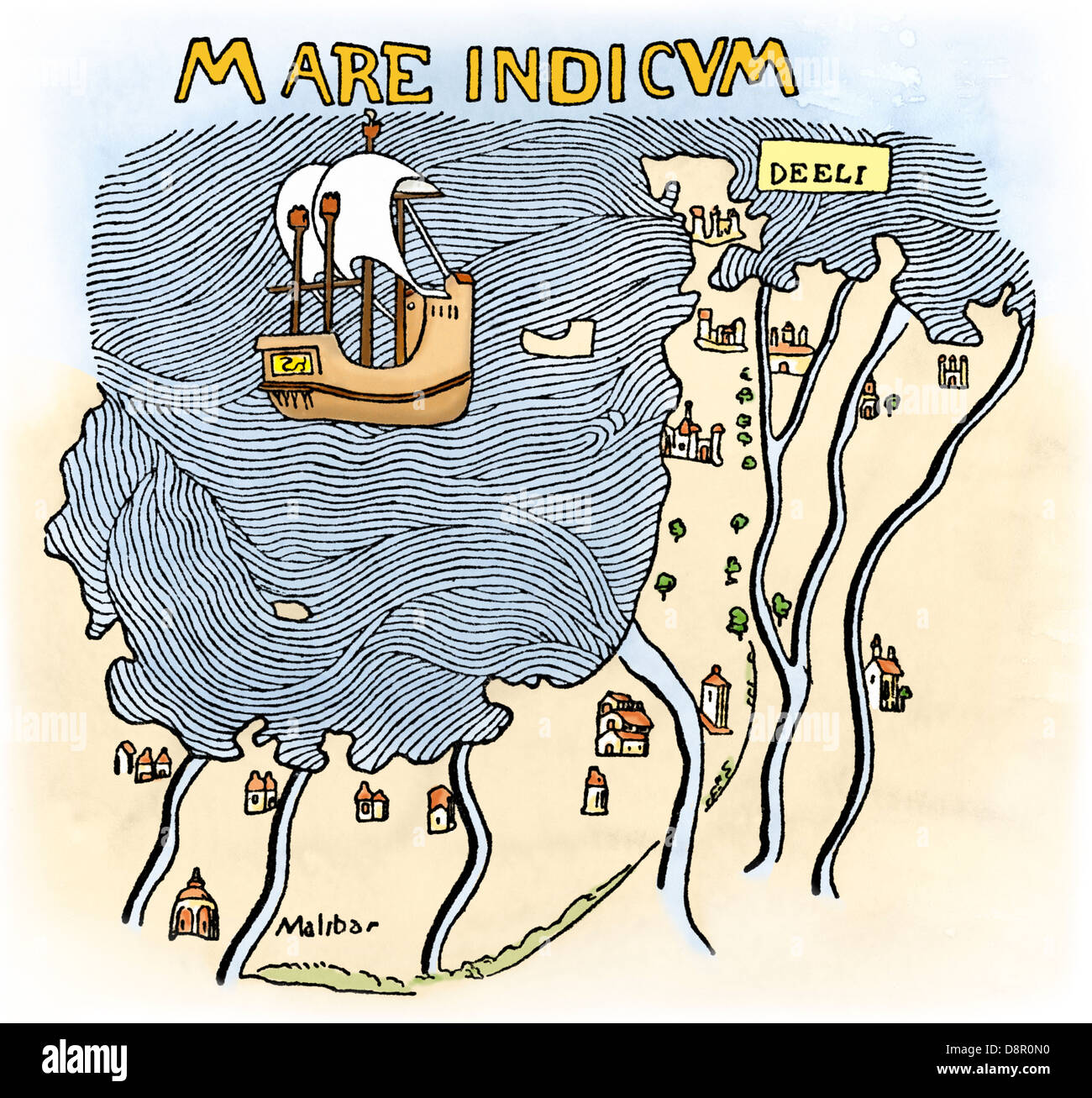 La costa de Malabar de la India, desde el mapa de Fra Mauro, 1459 (sur se encuentra en la parte superior). Xilografía coloreada digitalmente Foto de stock