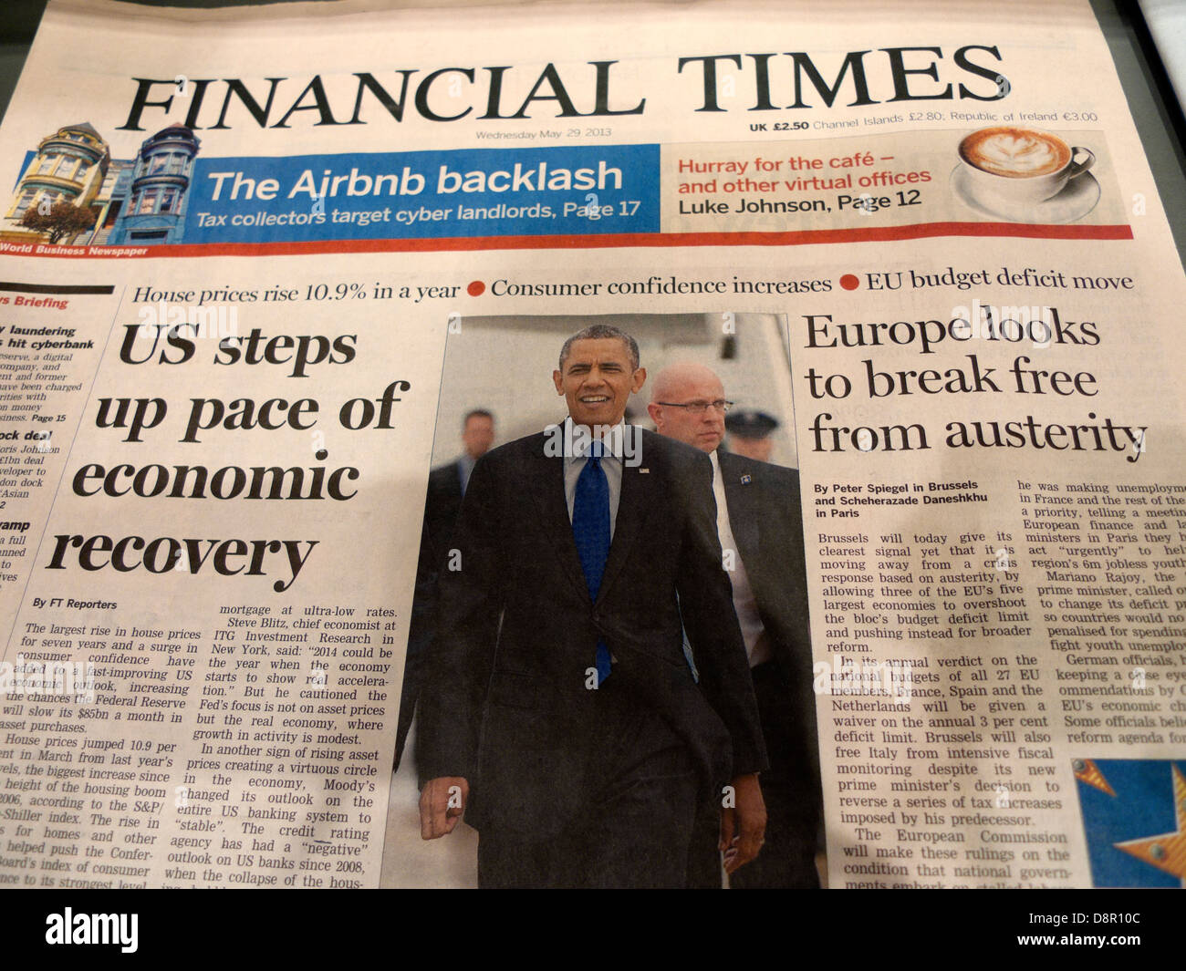 Los titulares del periódico Financial Times el presidente Obama usa la recuperación económica de Europa la austeridad 29 de mayo de 2013 Londres, Inglaterra Foto de stock