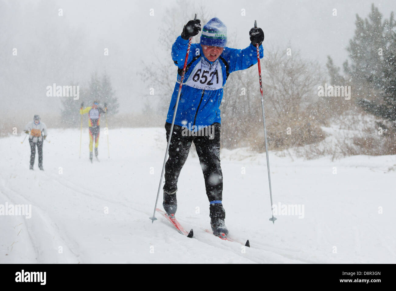 La nieve cae pesado como competidores de esquí Vasaloppet Mora en la categoría clásica de 42 km el 10 de febrero de 2013 cerca de Mora, Minnesota. Foto de stock