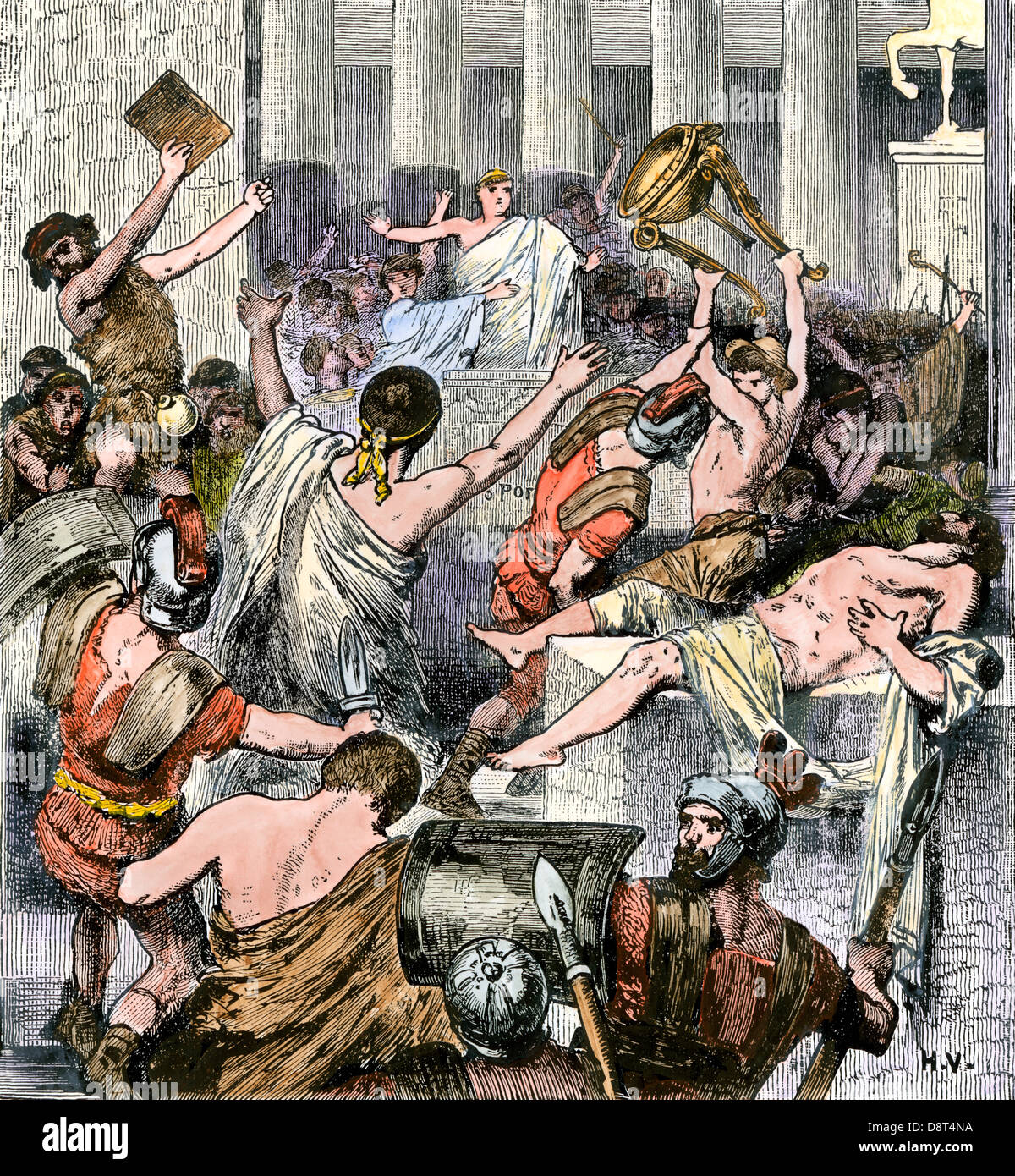 La revuelta de los plebeyos en contra del gobierno de la antigua Roma, 207 BC. Xilografía coloreada a mano Foto de stock