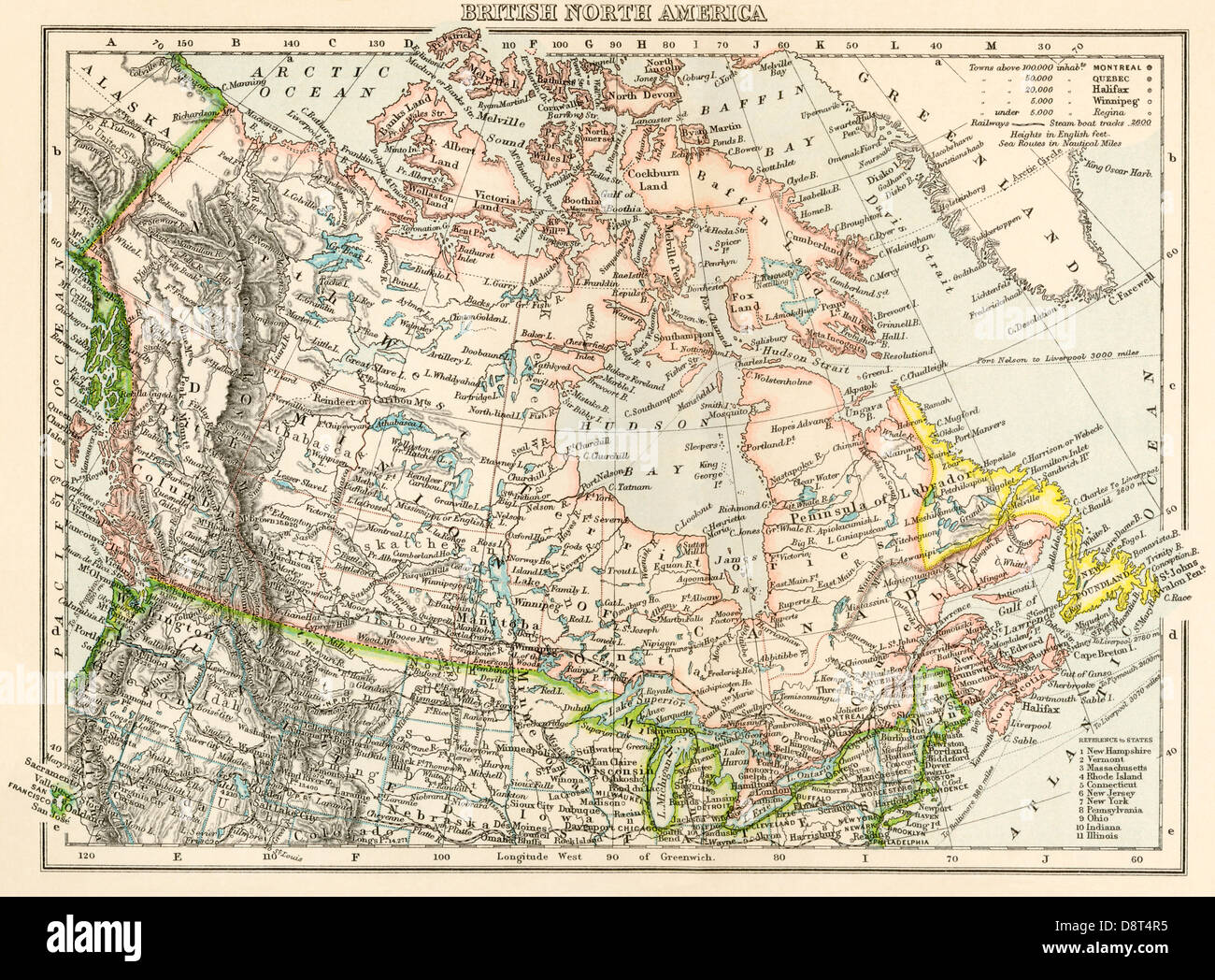 Mapa de América del Norte británica, o el Dominio de Canadá, 1870. Litografía de color Foto de stock