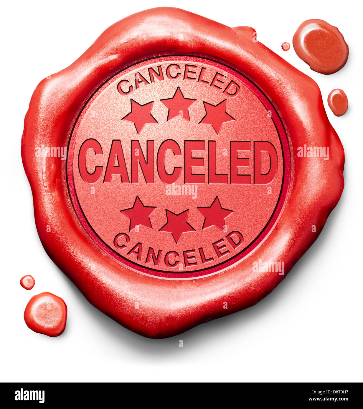 Cancelar evento cancelado nombramiento gig vuelo o reserva vacaciones fin rojo icono de etiqueta o sello Foto de stock