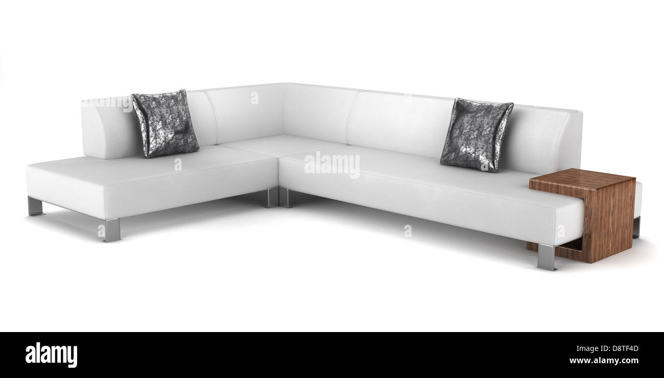 Moderno sofá de cuero con almohadas aislado Foto de stock
