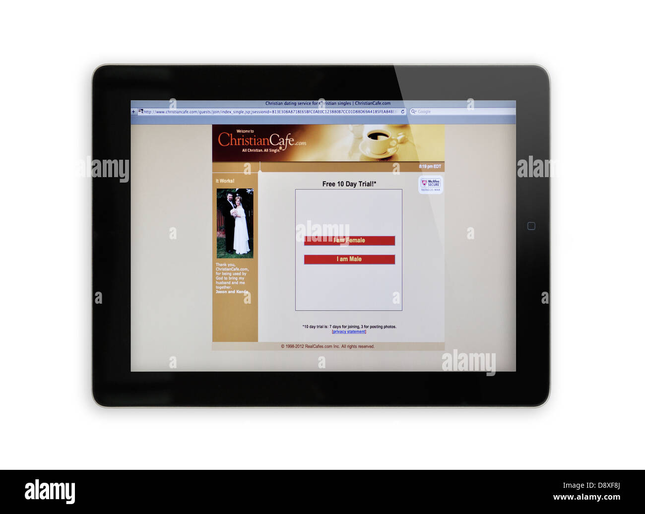 Sitio web de citas en línea cristiana en el iPad Foto de stock