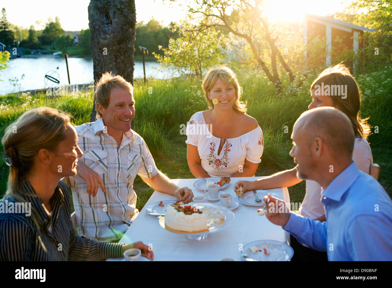 Cinco amigos haveing una torta, Fejan, archipiélago de Estocolmo, Suecia. Foto de stock