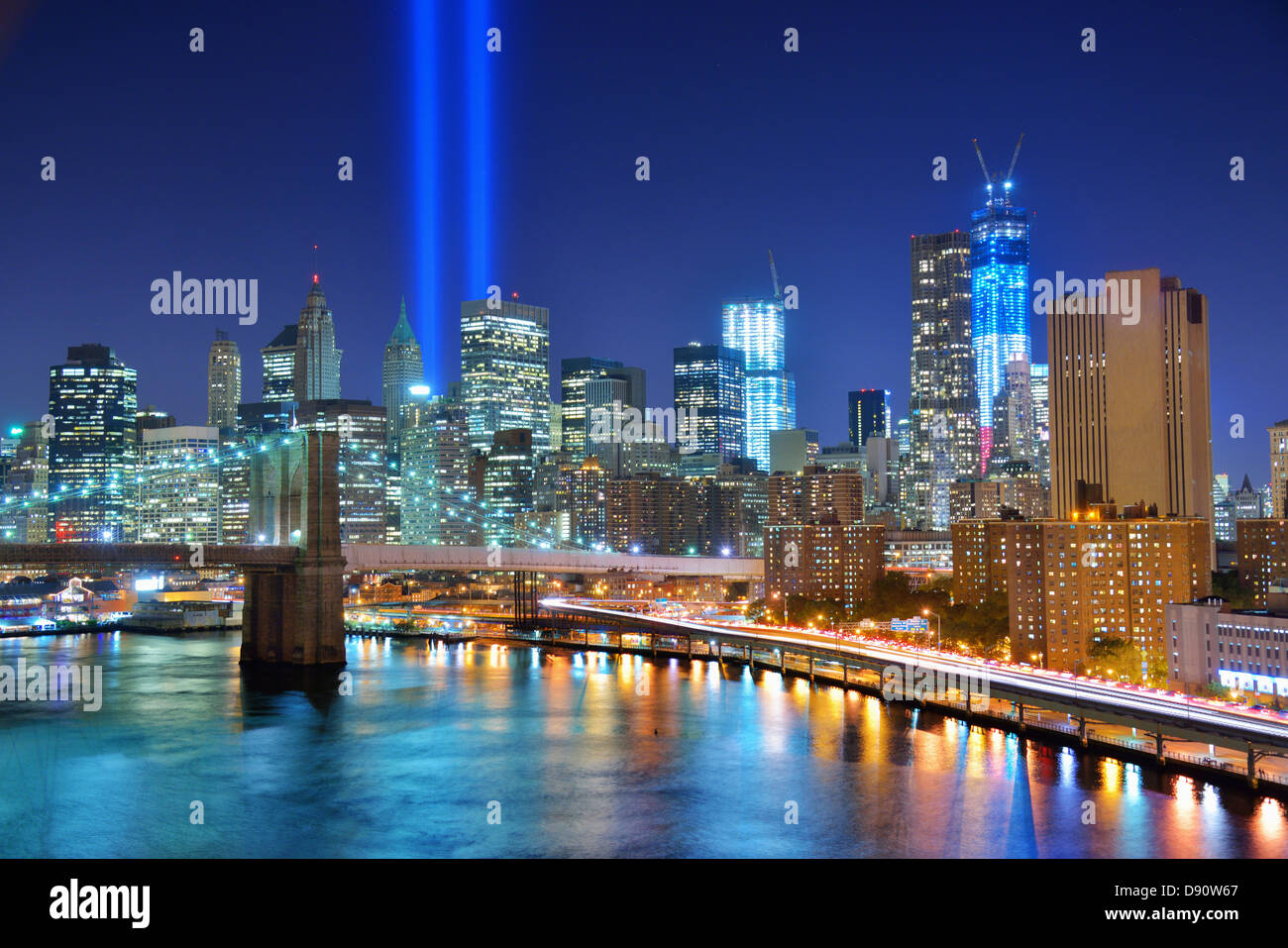 Homenaje a la luz conmemorativo para el 11 de septiembre de 2001 en la Ciudad de Nueva York. Foto de stock