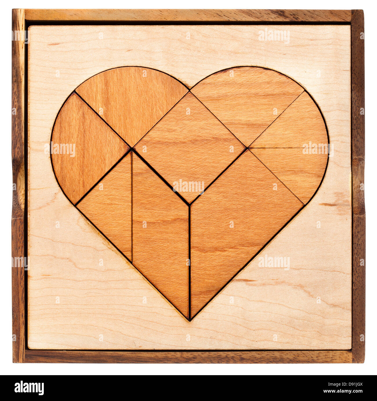 Corazón versión de tangram, un juego de rompecabezas chino tradicional hecha de diferentes piezas de madera para construir figuras abstractas de ellos Foto de stock