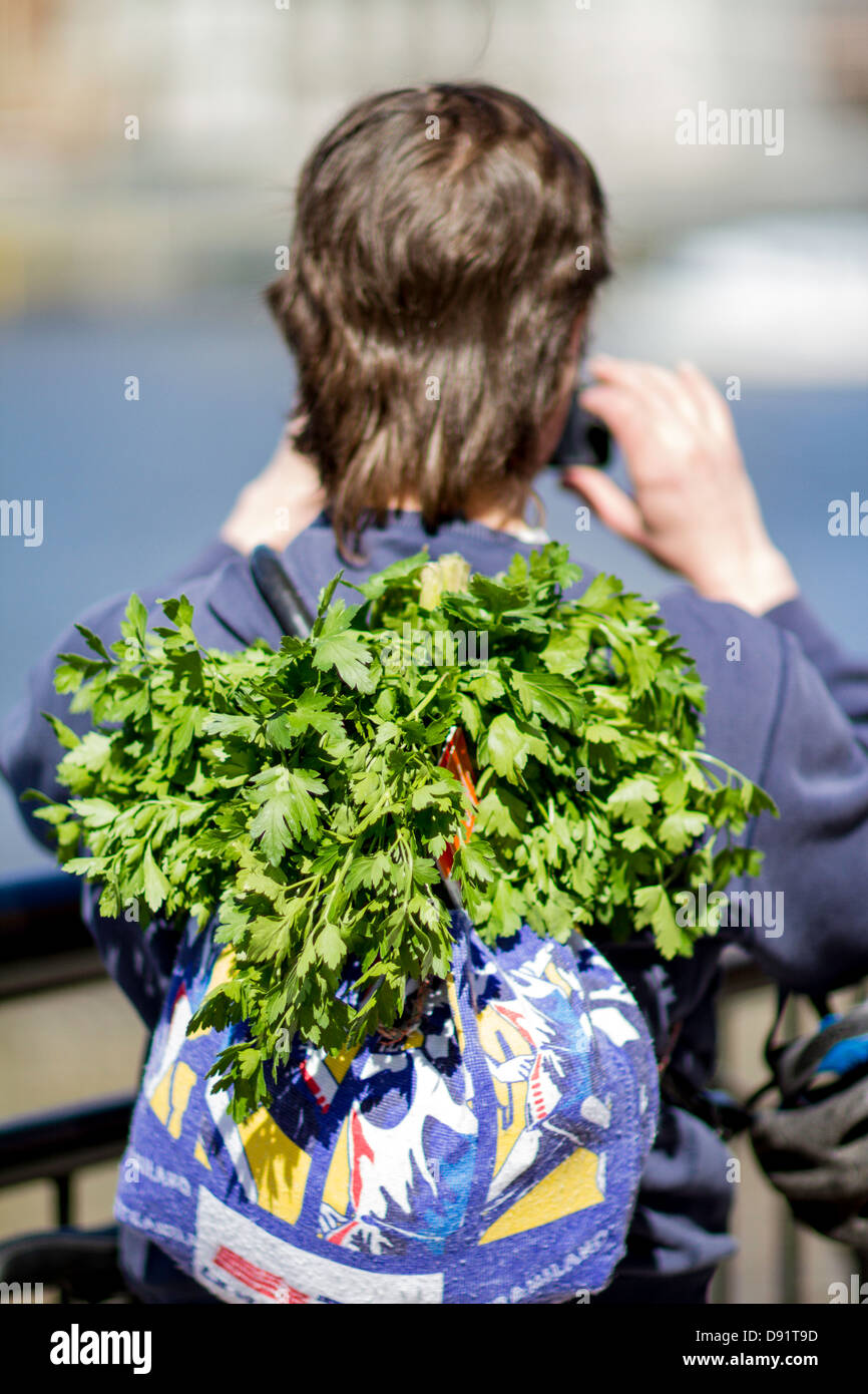 Hombre con hierbas frescas en su mochila, Londres, Reino Unido. Foto de stock