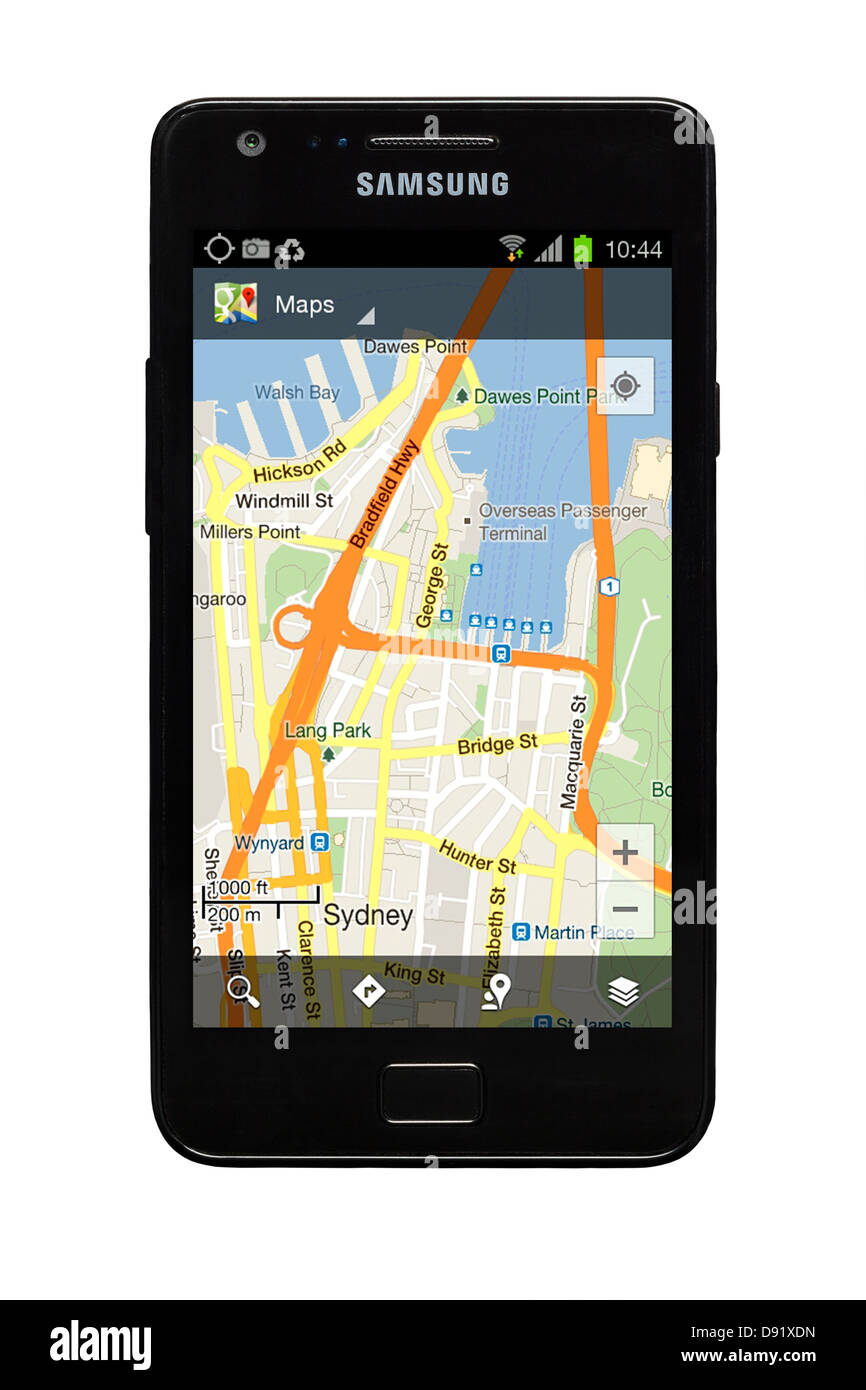 Samsung Galaxy S2 smartphone con Google map de Sydney, Australia, en la pantalla. Foto de stock