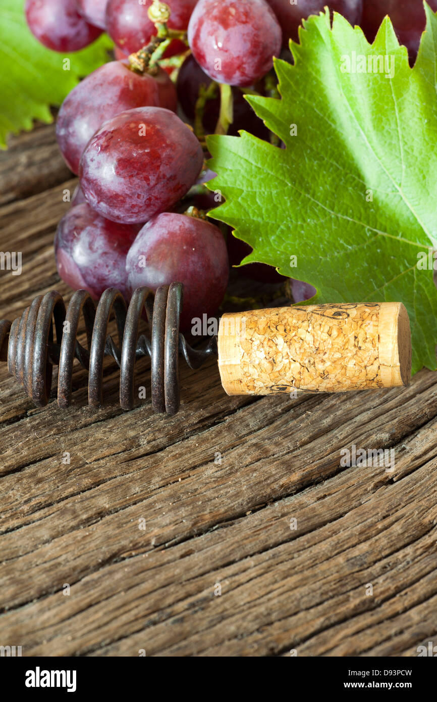 Sacacorcho antiguo con un corcho entre las uvas rojas y hojas de vid