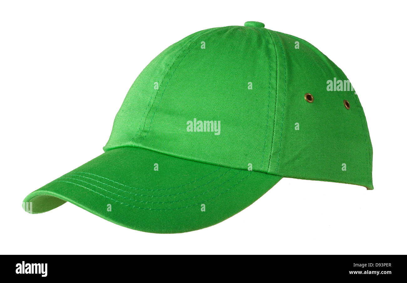 Gorra verde sobre fondo blanco. Foto de stock