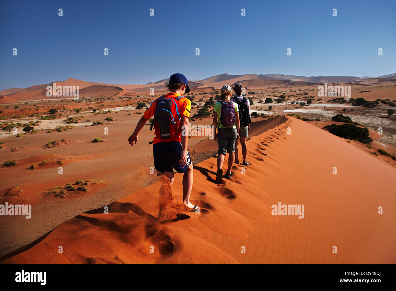 Escalada en familia en la duna de arena, el Parque Nacional Namib-Naukluft Sossusvlei, Namibia, África Foto de stock