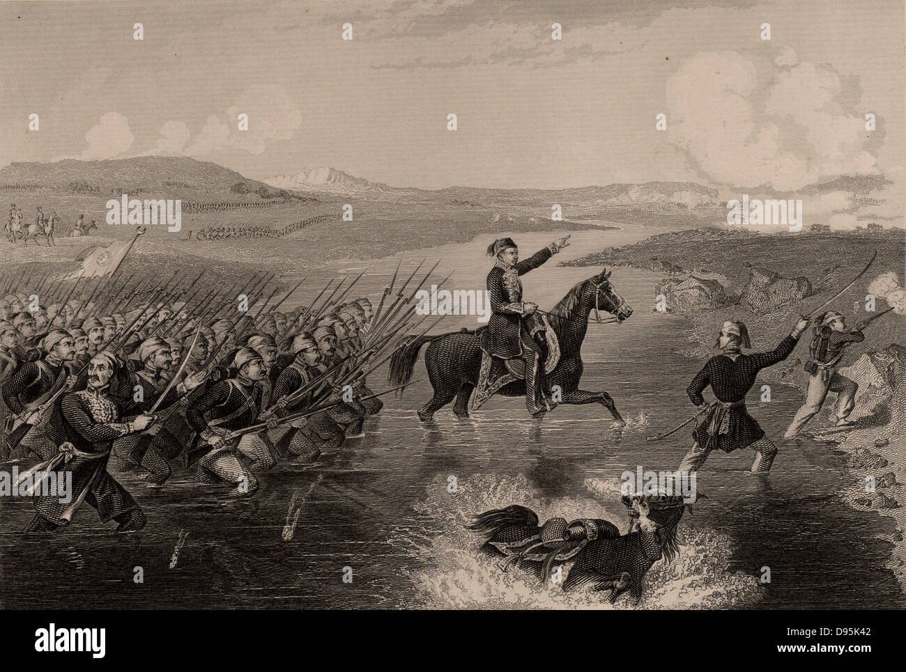 Omar Pasha (nacido Michael Latas, 1806-1871) Croata nacido en general otomano. Comandaba las fuerzas turcas durante la Guerra de Crimea (Russo-Turkish) 1853-1856. Omar Pasha conduce sus tropas turcas a través del río Ingour en un exitoso ataque a los rusos. Grabado. Foto de stock