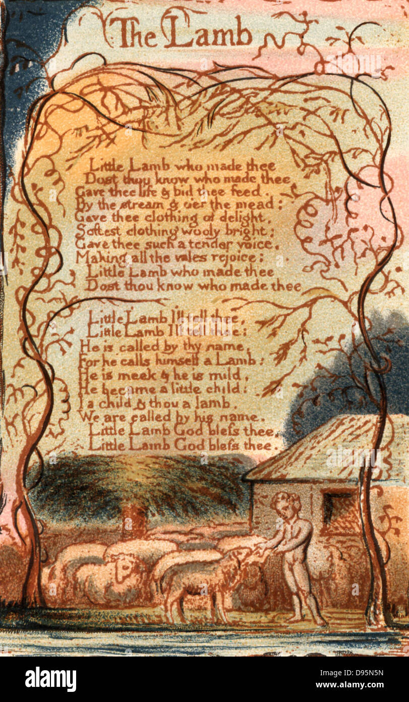 El Cordero. Una página de 'Canciones de Inocencia" (1879), de William Blake (1757-1827), inglés místico, poeta, pintor y grabador. Foto de stock