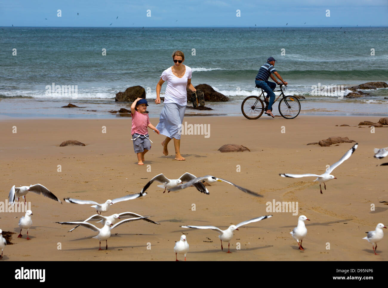 Madre e hijo correr hacia las gaviotas en la playa, Australia Foto de stock