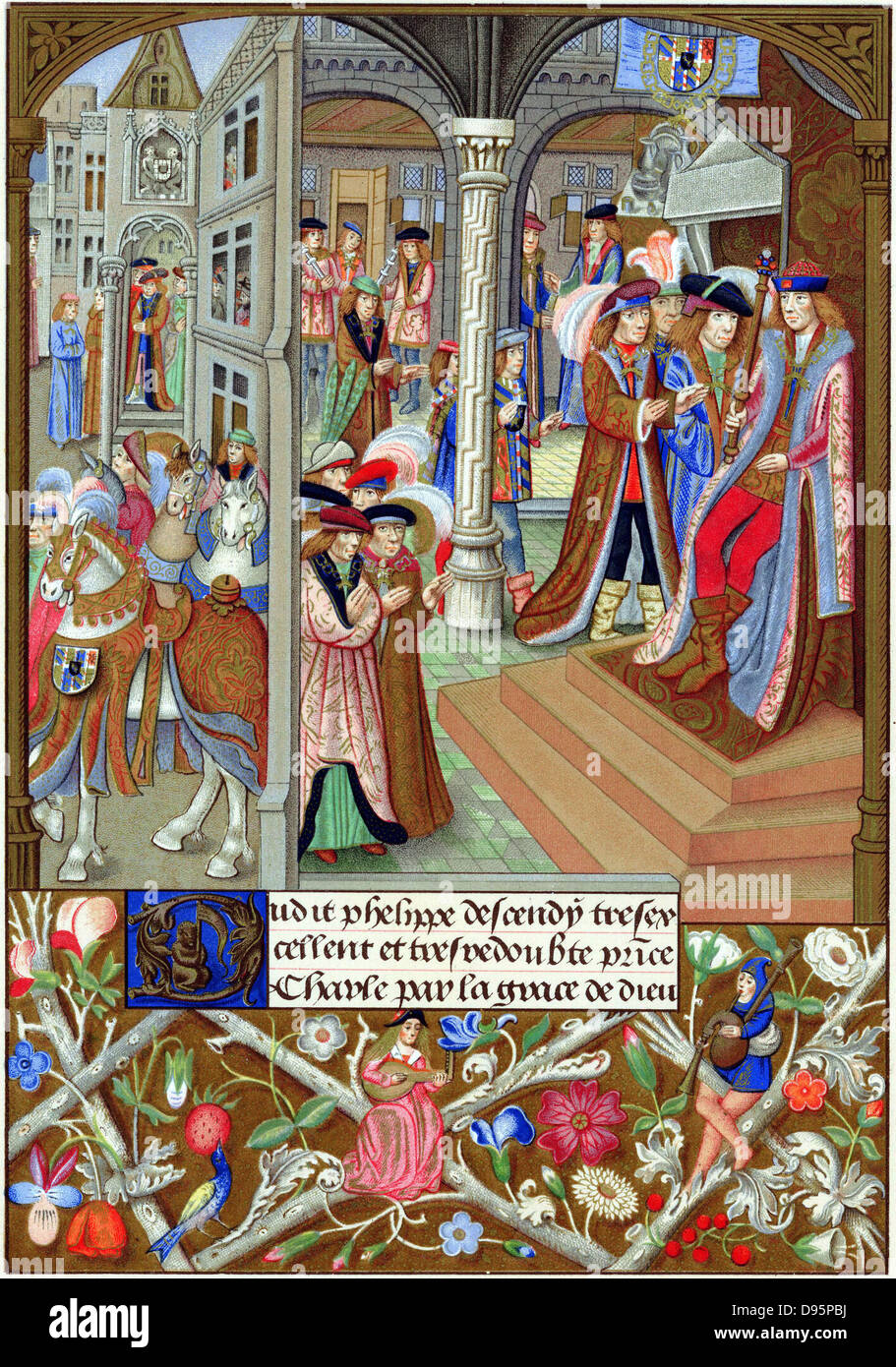 Carlos el Temerario (1433-77), duque de Borgoña en 1467, entronizado y rodeado por sus nobles y consejeros. En frontera iluminada, una mujer desempeña un laúd y un hombre las gaitas. A partir del siglo XV Chromolithograph miniatura. Foto de stock