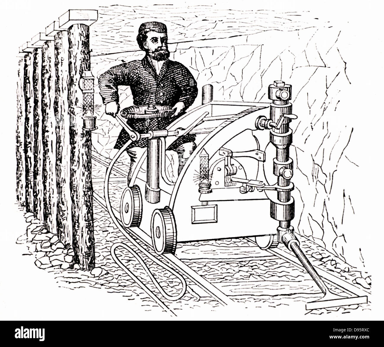 Máquina de corte de carbón sobre rieles, alimentado por aire comprimido producido por un motor a vapor en la bocamina. Desde 'El Vocabulario práctico de Mecánica" por Edward H Knight (Nueva York y Londres, c1880). Grabado. Foto de stock