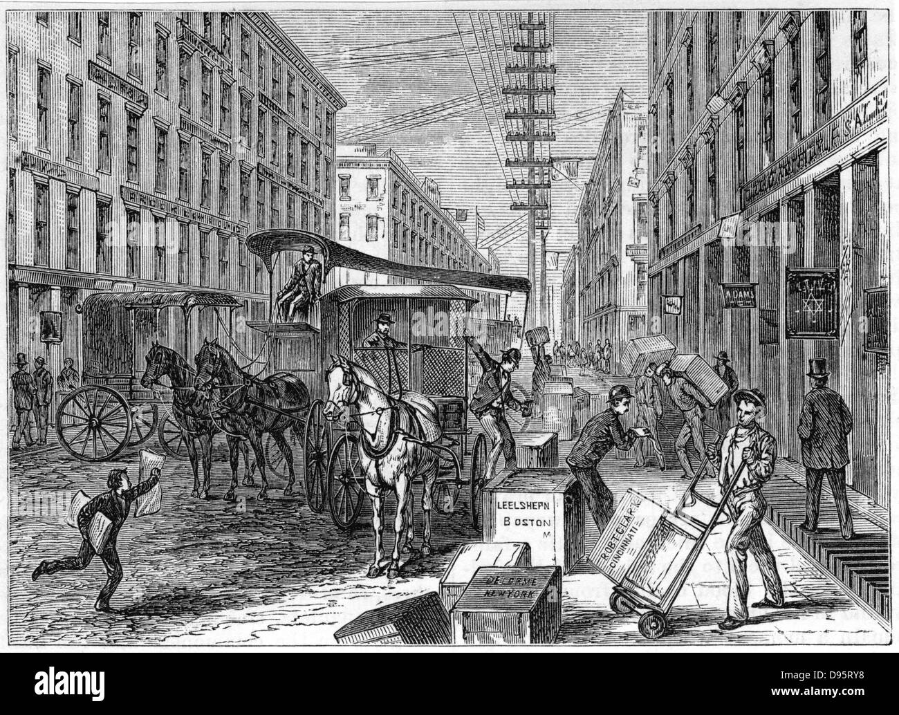 Entregas y recogidas tomando lugar en Wells Fargo depot, Nueva York. Desde 'Harper's New Monthly Magazine' Nueva York 1875. Grabado en madera Foto de stock