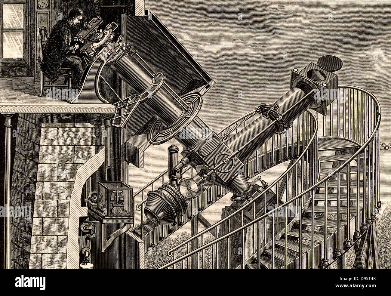 El 'coude ecuatorial' refracte el telescopio, el Observatorio de París, Francia - apertura 7.5cm. El tubo está "doblado" y alimenta la luz al observador por dos espejos, uno en la parte delantera del telescopio y el otro en el "codo". Grabado de 'Un manual descriptivo de Astronomía" por George F Chambers (Oxford, 1890). Foto de stock
