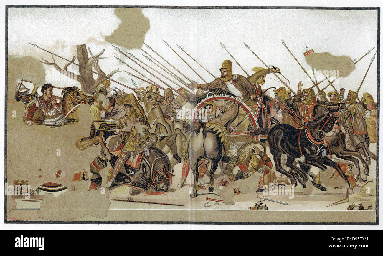Alejandro el Grande (356-323BC) La batalla de Alexander, representando la derrota por Alexander de las fuerzas del rey persa Darío III en Issus en Cilicia 333 BC. Después de mosaico descubierto en Pompeya basada en imagen por artista Alejandrina Foto de stock