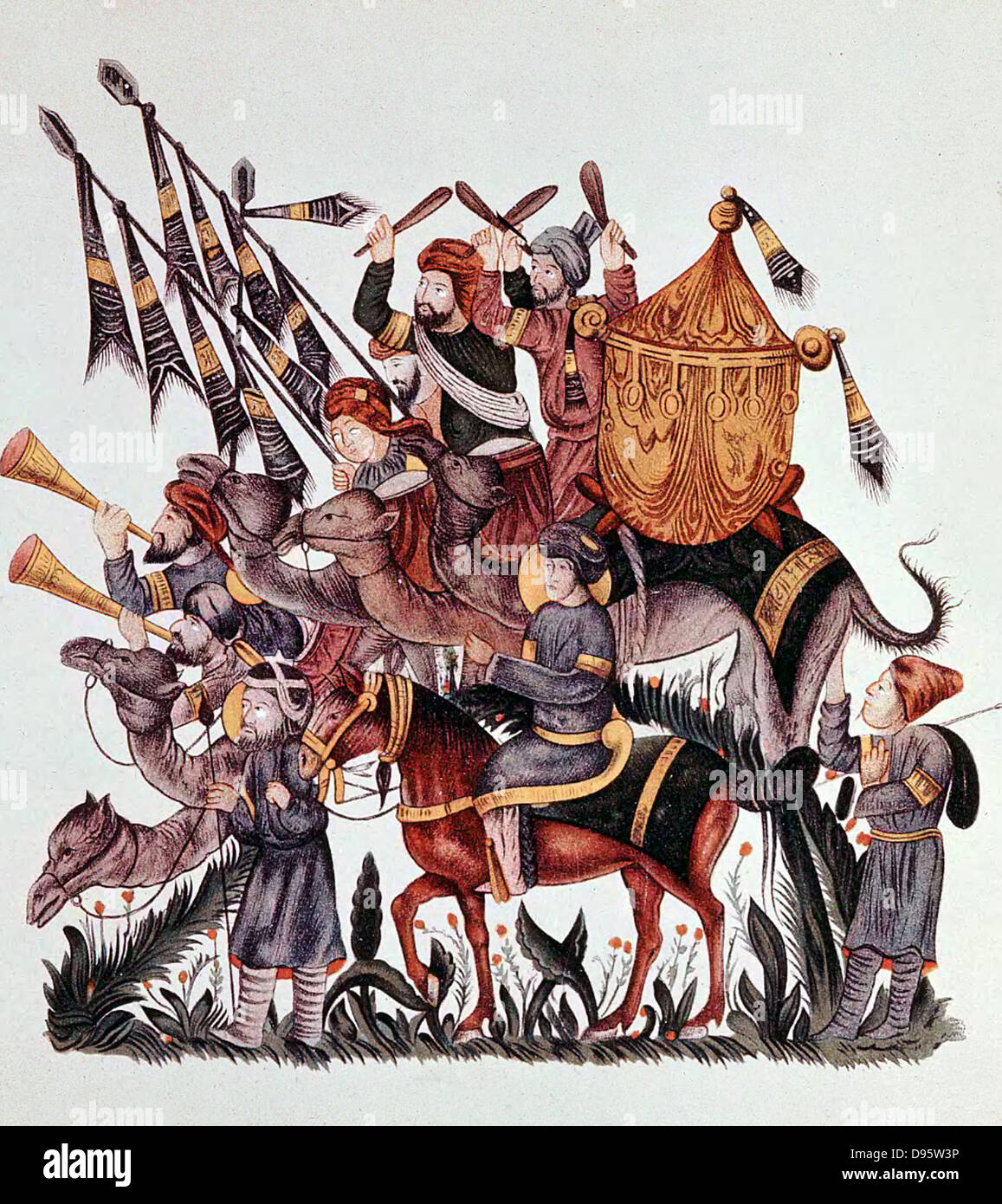 Abanderados, percusionistas y trompetistas de un ejército sarraceno montados en camellos y caballos. Manuscrito árabe del siglo 13. Foto de stock