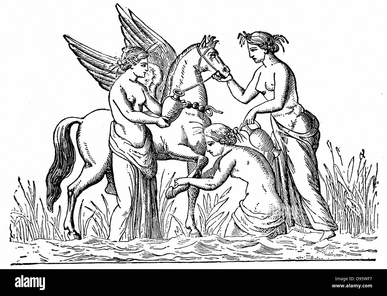 Las ninfas asistiendo el caballo alado Pegaso, que Bellerophon en su lucha contra la Quimera. Grabado en madera Foto de stock