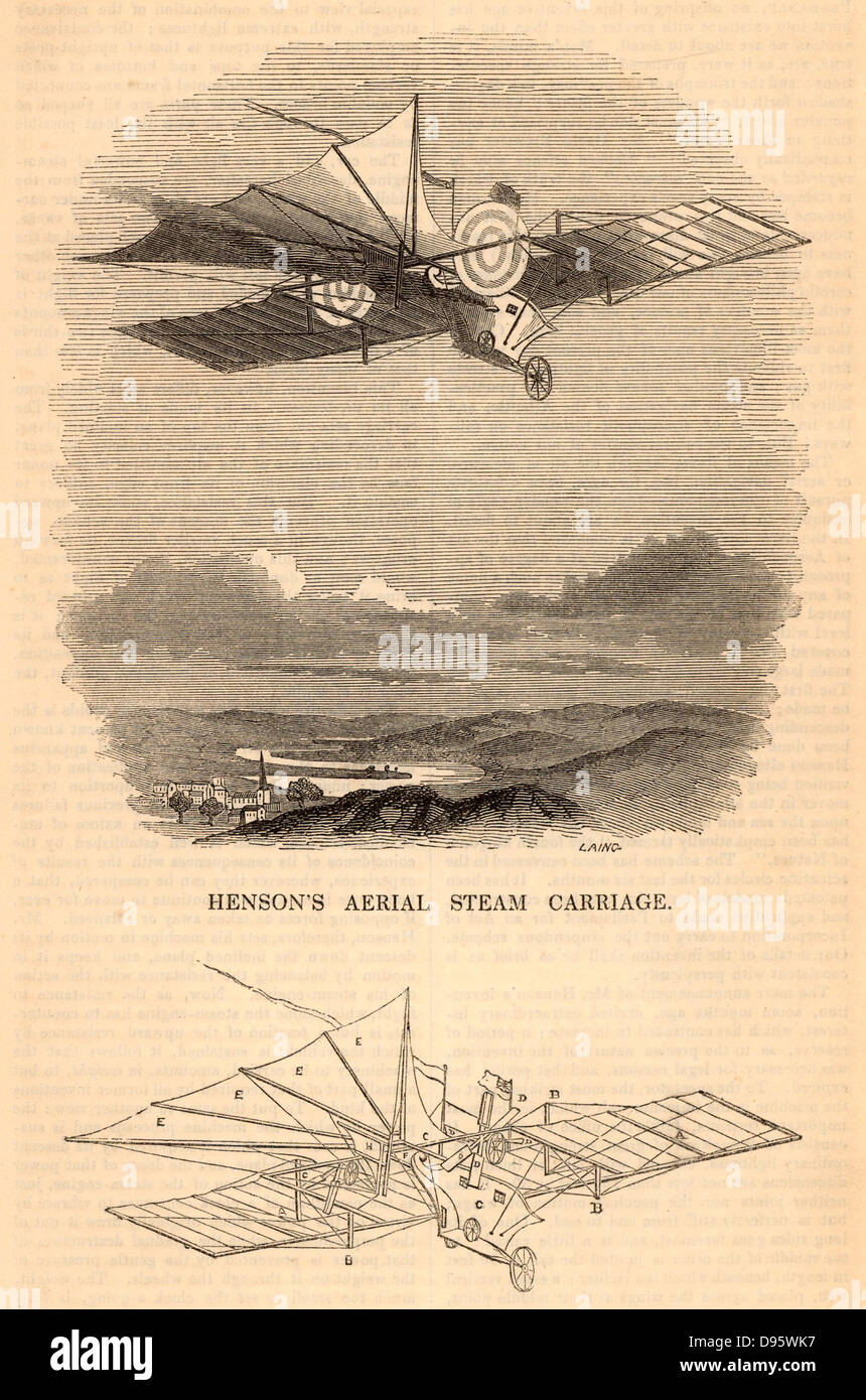 Diseño por William Henson (1812-1888) y John Stringfellow (1779-1883), inventores de Somerset, Inglaterra, para la antena del carro de vapor. Los palmeados cola fue 15.24m (50 pies) de largo, y debajo de ella era un timón. El motor a vapor en el automóvil condujo dos conjuntos de álabes (objetos con aspecto de arquería objetivos) 6.09m (20 pies) de diámetro. El peso de la máquina era 1,360Kg (3.000 lbs). El avión nunca llegó a construirse. Grabado de'la Revista de la Ciencia' (Londres, 1844). Foto de stock
