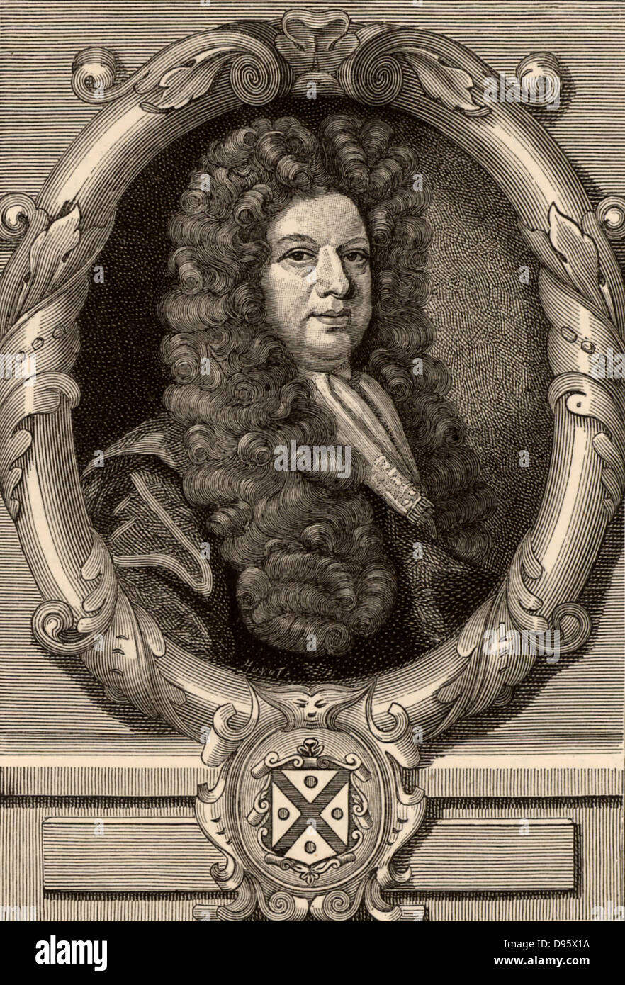 John Blow (1649-1709), compositor y organista inglés. Después de haber grabado el frontispicio de "Amphion Anglicus' de John Blow (Londres, 1700). Foto de stock