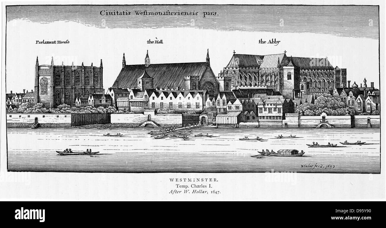 Westminster, London visto cruzando el río desde la orilla sur del Támesis, mostrando la Abadía de Westminster, el Parlamento y la Abadía de Westminster Hall. Después engravingf de 1647 por Wenceslao grite. Foto de stock