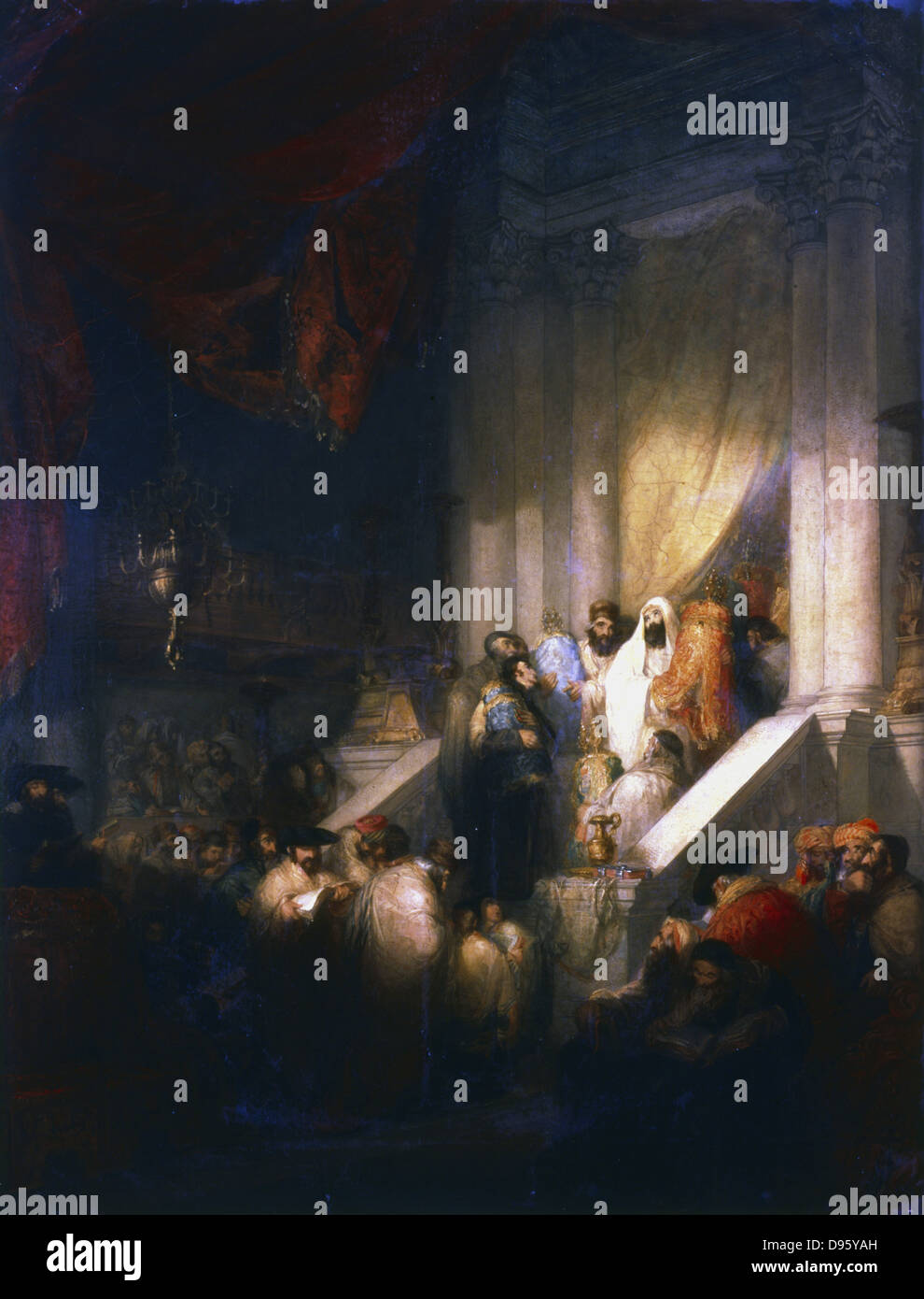 La lectura de la Torah en la sinagoga. Óleo sobre lienzo. Colección privada Foto de stock