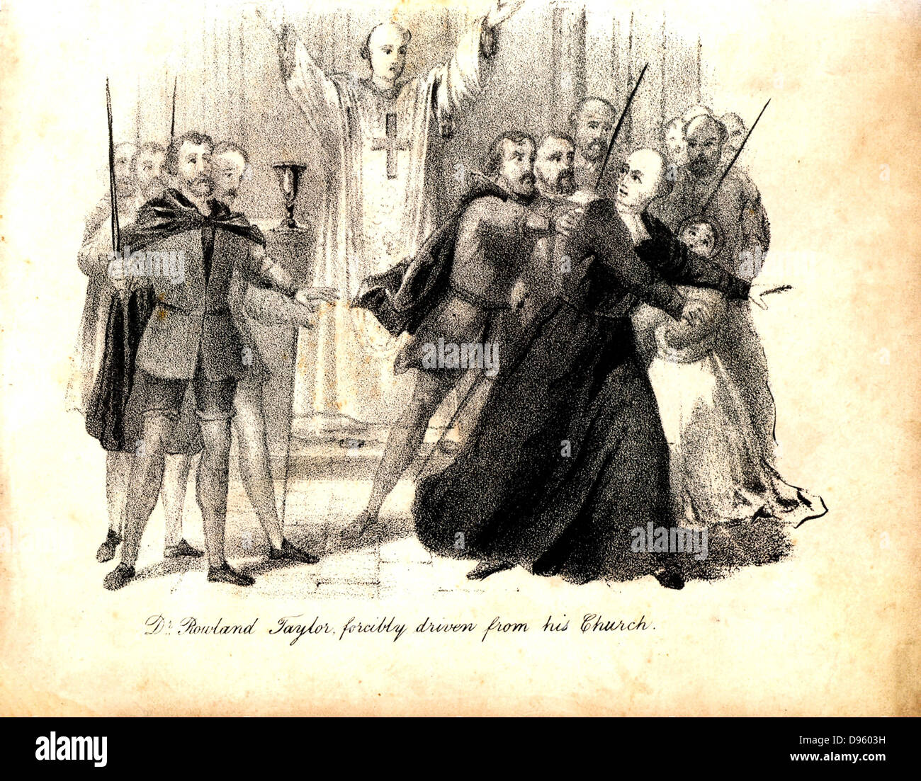 Rowland Taylor (1510-1555), mártir protestante inglés, desalojados por la fuerza de su iglesia. Ardió en el reinado de María I por herejía, es decir, denunciar la regla del celibato para el clero católico romano, y para denunciar la doctrina de Transubstatiation. Desde 'El martirio cristiano", Londres, 1838. Foto de stock