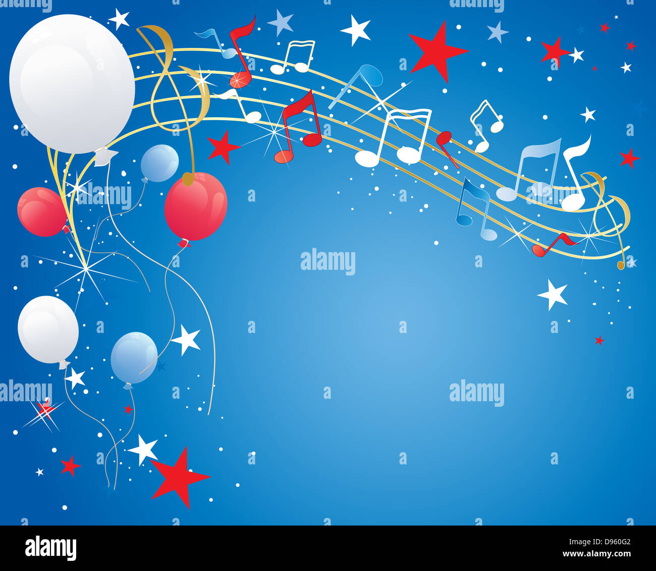 Una ilustración de un cuatro de julio celebración globos con notas  musicales de fondo brilla y estrellas en rojo, blanco y azul Fotografía de  stock - Alamy