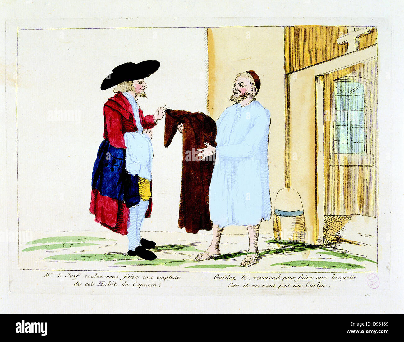 La Revolución Francesa de 1789. La supresión de las órdenes religiosas: un fraile capuchino de deshacerse de su hábito a un judío distribuidor de ropa de segunda mano. Siglo XVIII grabado en color. El Carnavalet, París. Foto de stock