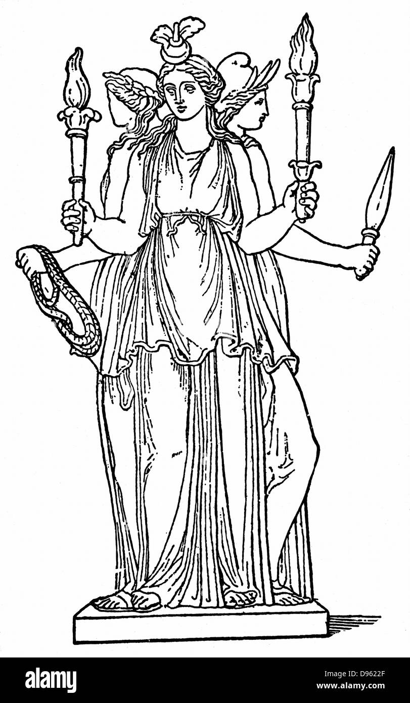 Hécate, triple-cuerpo hija del Titan Otro Perses y Asteria. Como diosa del mundo inferior, en la antigua mitología griega ella gobernó sobre magia, brujería y fantasmas. El grabado en madera. Foto de stock