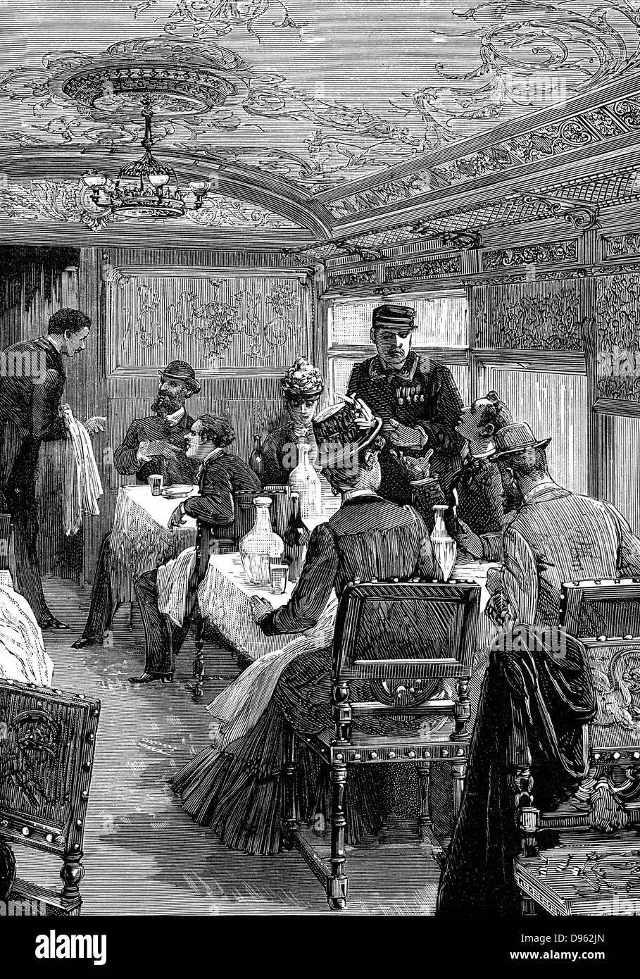 Coche comedor en el Orient Express. Grabado en madera publicado en París, c1885. Foto de stock