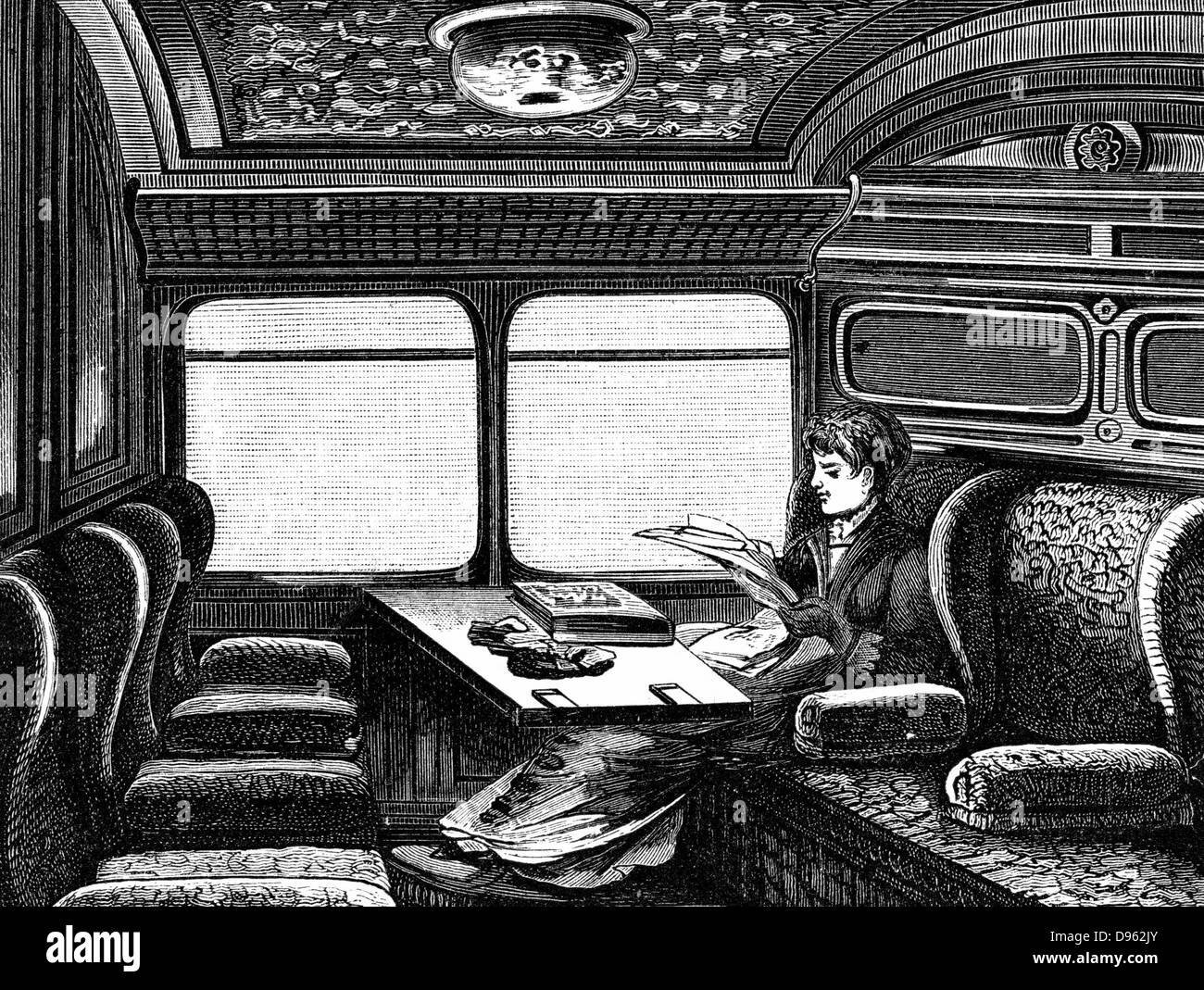 Compartimiento en el Orient Express, reservado para las mujeres. Grabado en madera publicado en Leipzig c1895 Foto de stock